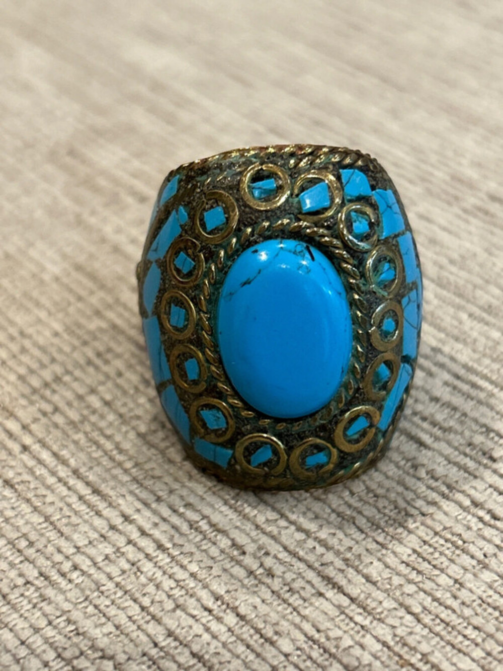 Unique brass Antique near Eastern old mosaic turquoise, coral beautiful Ring